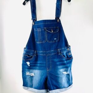 Large Blue Denim Short Overalls with Distressed Details
